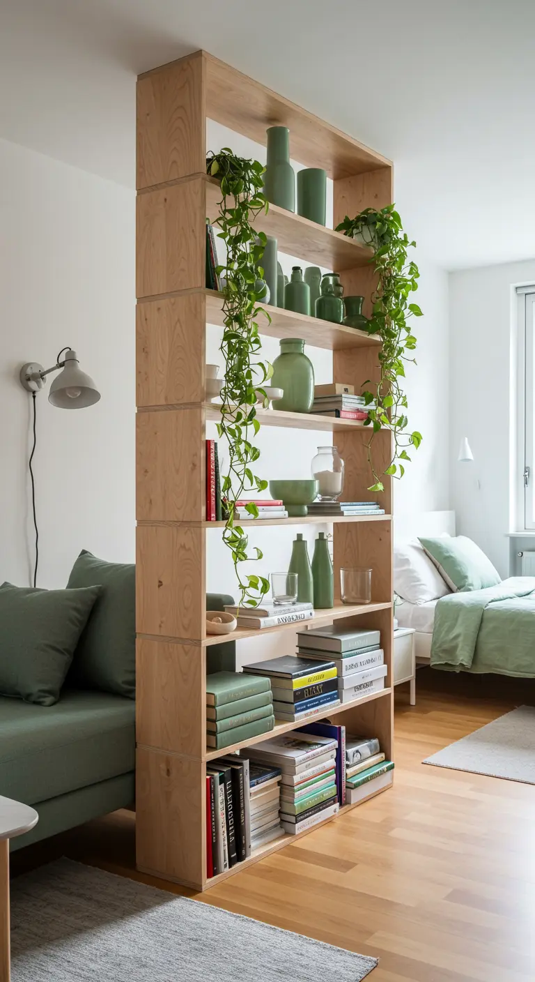 A tall light wood bookshelf used as a room divider, styled with plants and books.