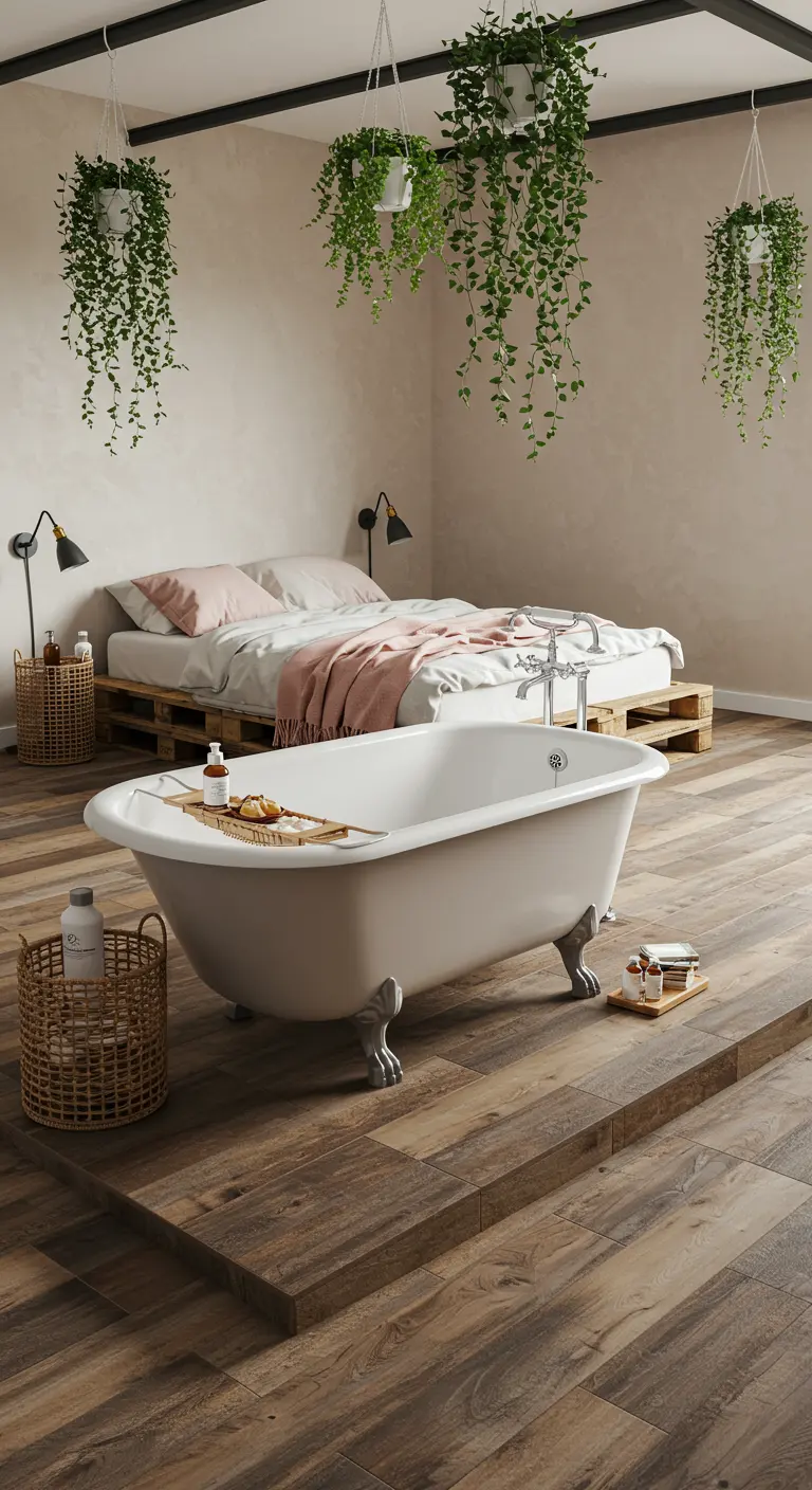 An open-concept room with a pallet bed and a freestanding clawfoot tub on a raised platform.