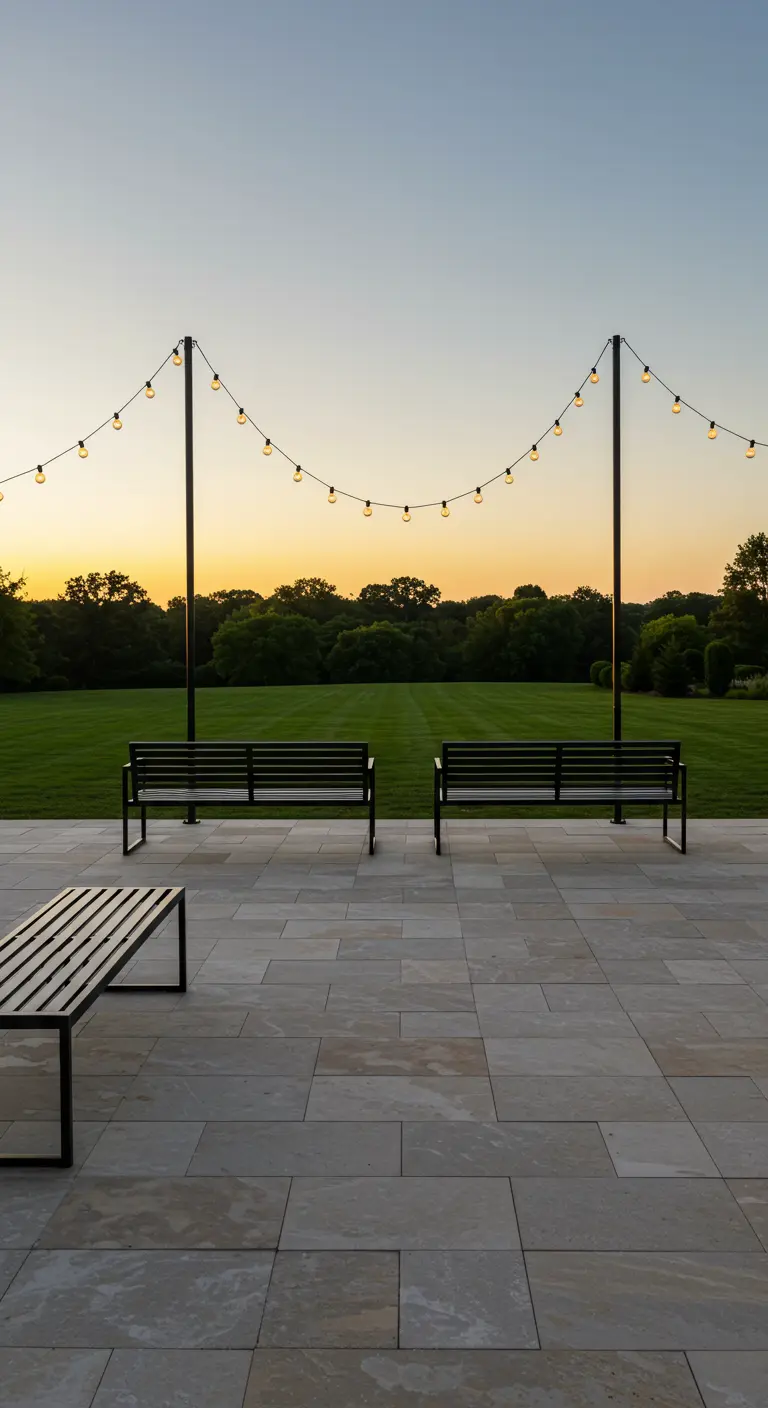 Two black benches on a wide patio with string lights on poles overlooking a field.