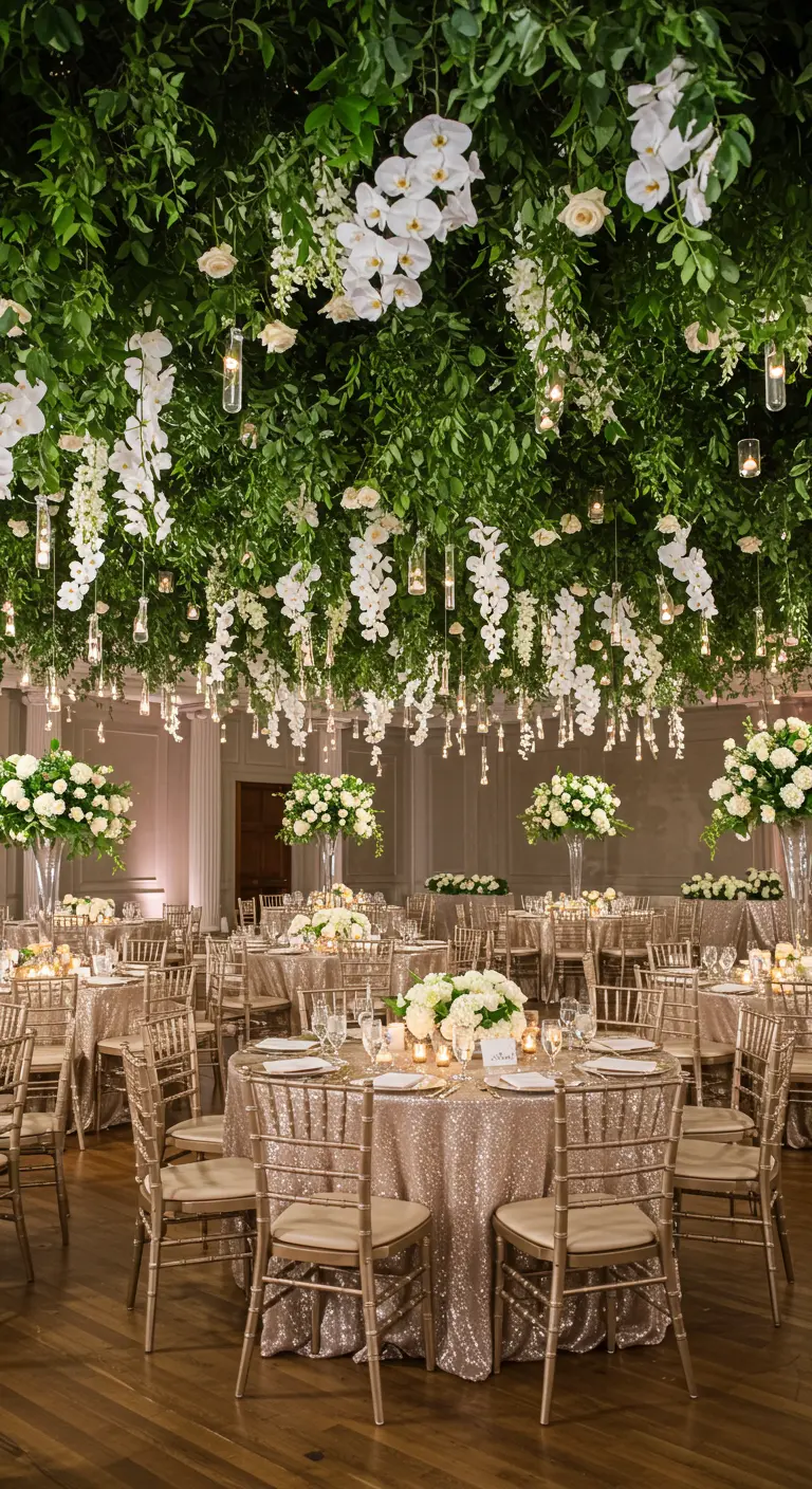 A glamorous ballroom with a ceiling covered in greenery, white orchids, and hanging lights.