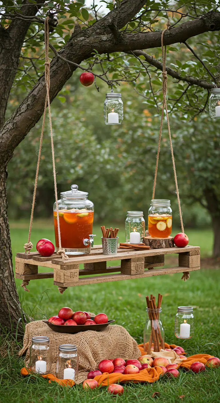 A pallet bar hanging from an apple tree, serving cider and decorated with fresh apples and candles.