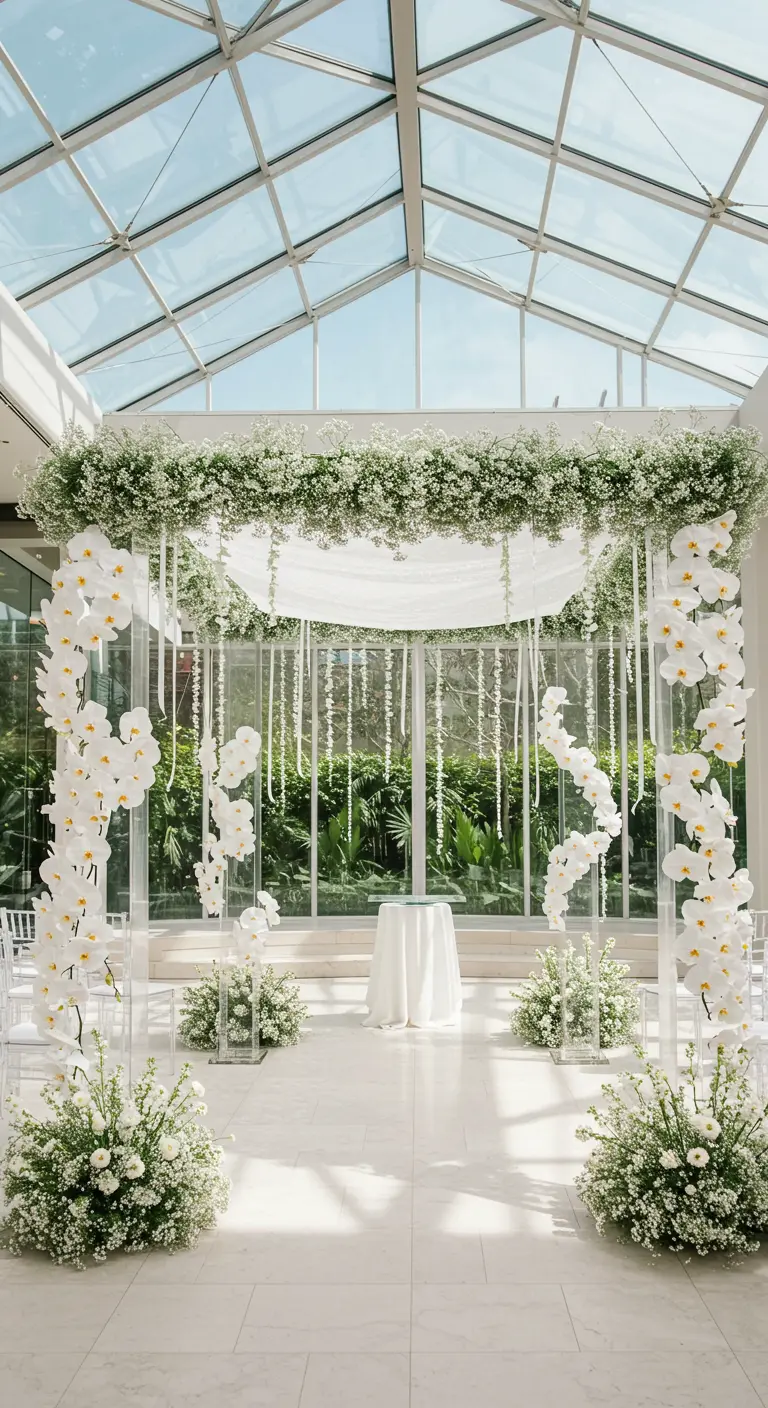 A modern glass wedding chuppah adorned with cascading white orchids and baby's breath.