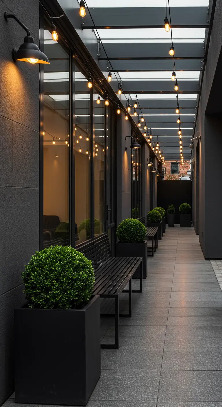 A long corridor with a row of black benches and matching planters with topiary balls.