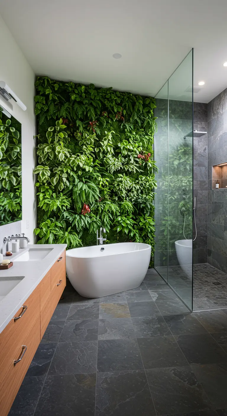 Modern bathroom with a living wall, wood vanity, and dark slate tile.