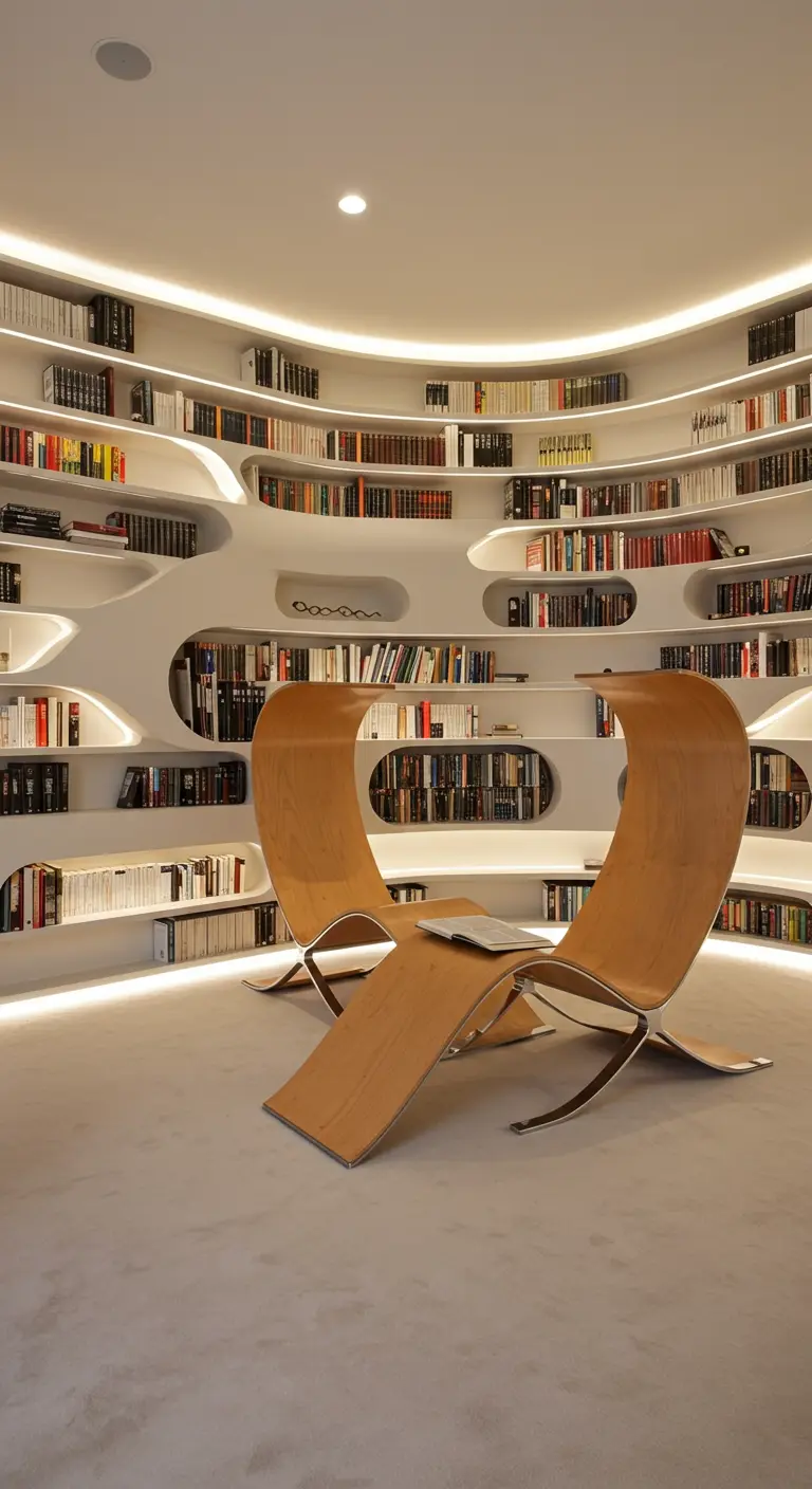 A library with curved, back-lit white bookshelves and two sculptural wooden lounge chairs.