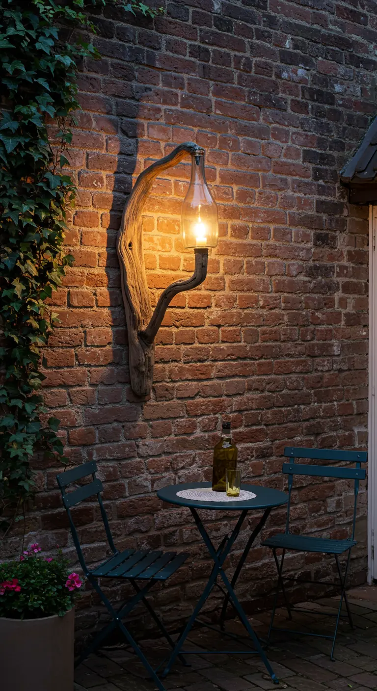 A wall-mounted sconce made from a large piece of driftwood and a bottle lantern.