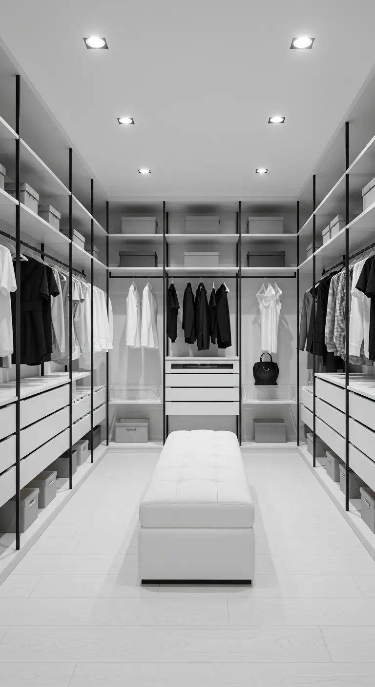 Organized walk-in closet with black open frames, white shelves, and a white ottoman.