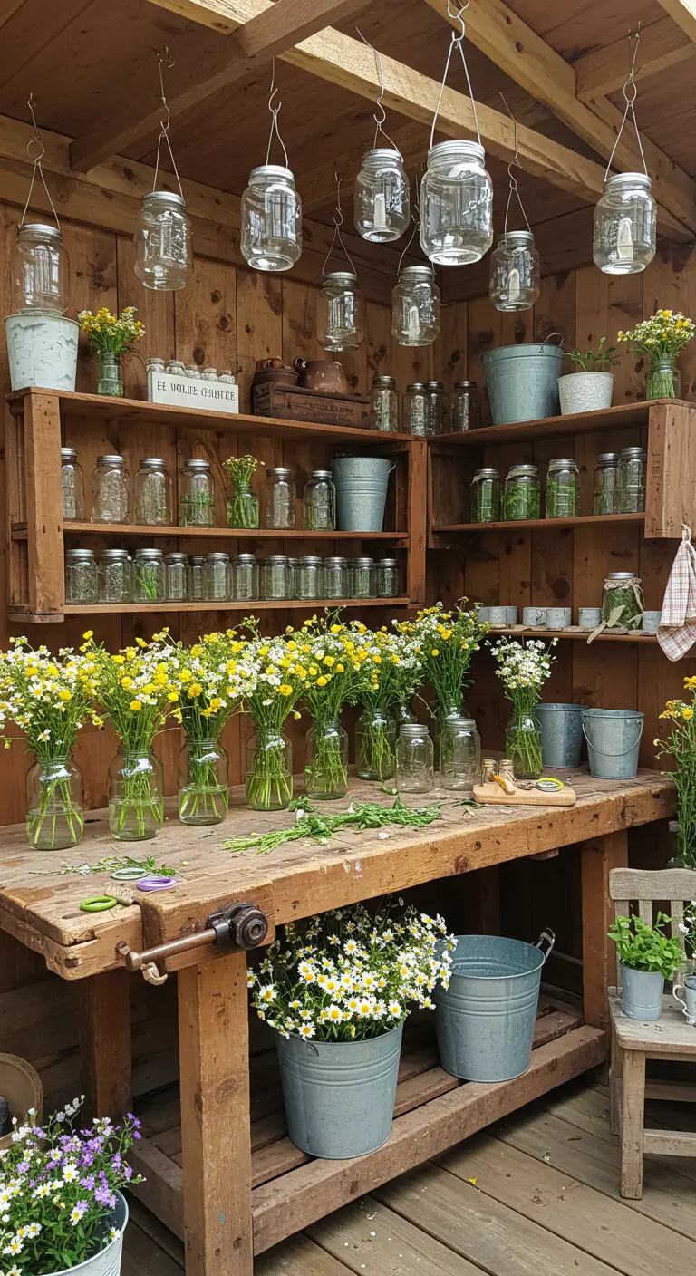 A rustic wooden potting bench with organized shelves of jars, buckets, and wildflowers.