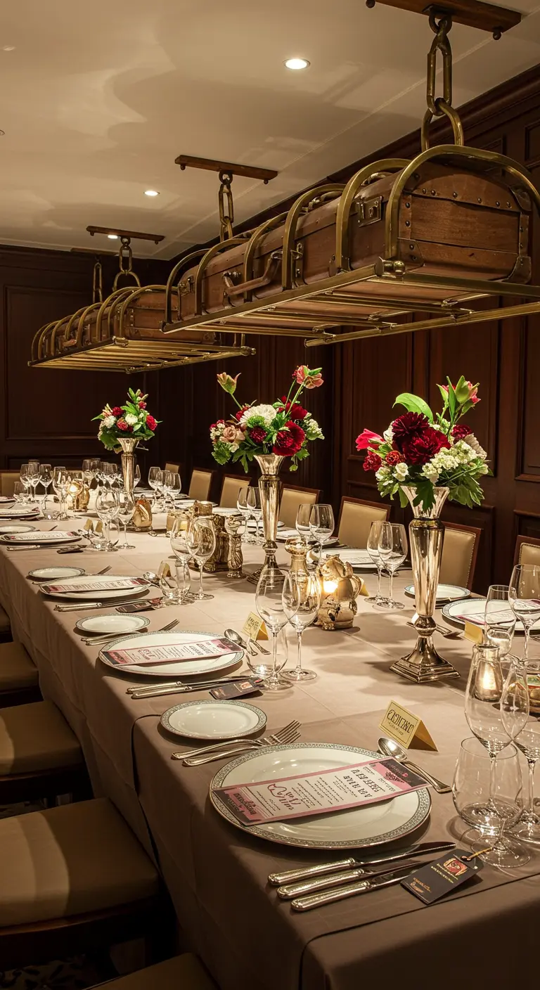 Elegant dining table with vintage luggage racks as light fixtures above.