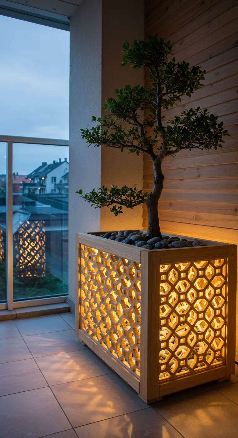 A large wooden planter with an intricate geometric pattern, lit from within, holding a bonsai tree.