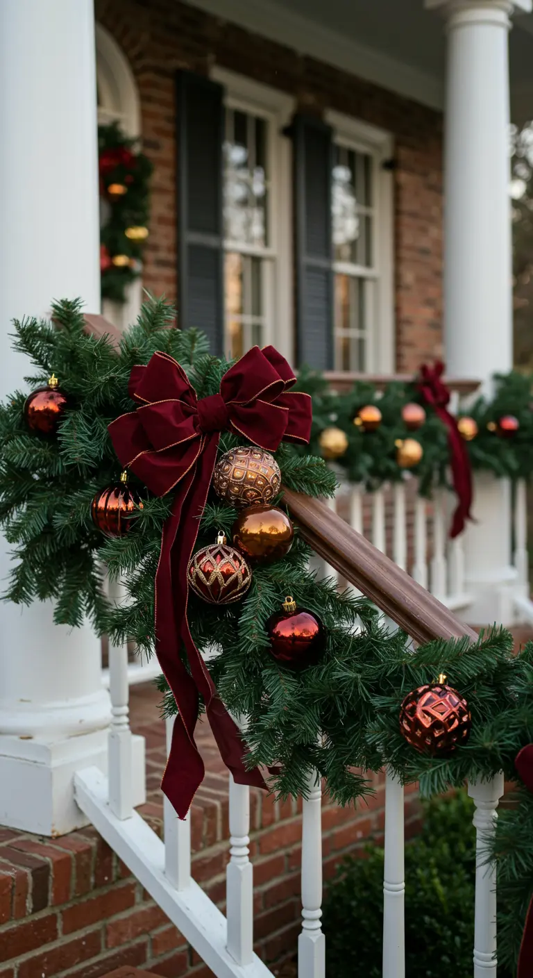 Garland on a white railing with ornate red-and-gold baubles and a dramatic burgundy velvet bow.