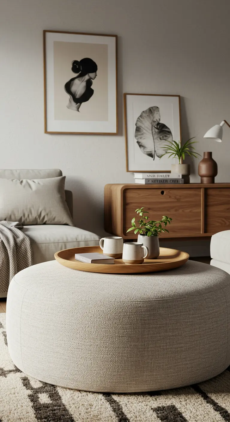 A large round upholstered ottoman with a wood tray holding mugs and a small plant.