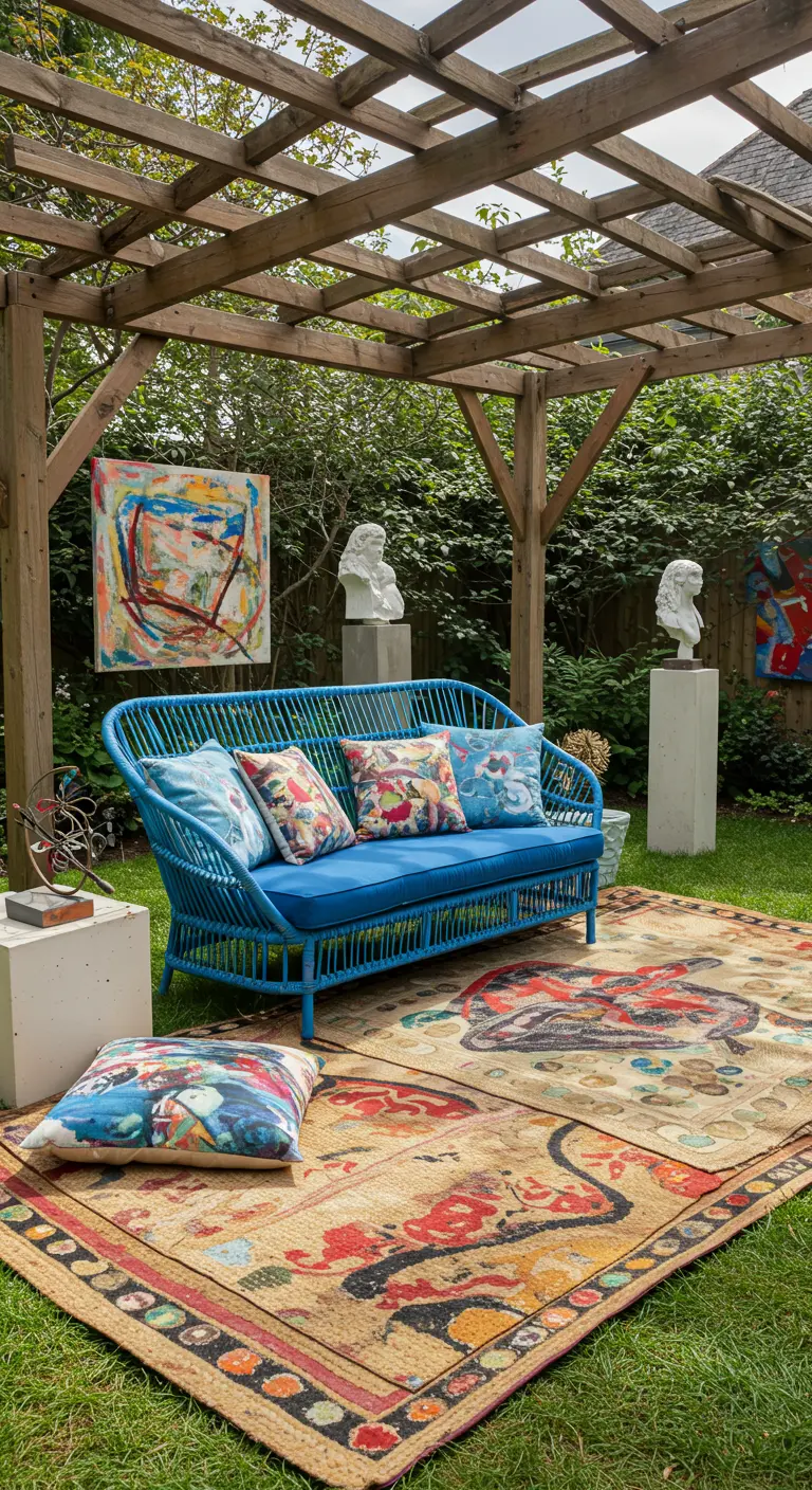 A bright blue rattan sofa in a garden setting surrounded by abstract art and sculptures.