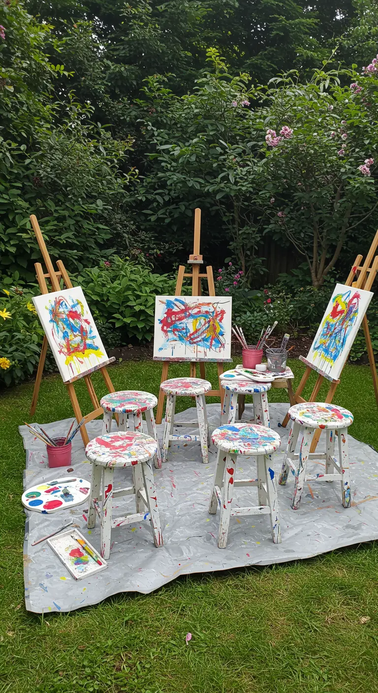 Paint-splattered white stools and art easels set up for a painting session in the garden.