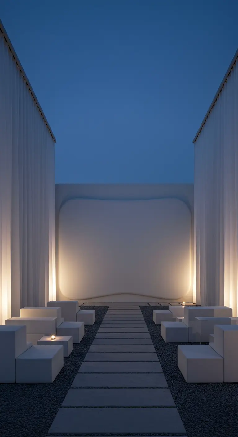 A minimalist outdoor space set up as a cinema with white cube seating facing a large screen.
