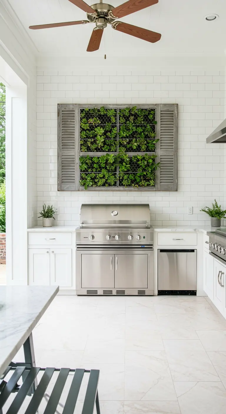 A shutter filled with green succulents serves as a backsplash in an outdoor kitchen.