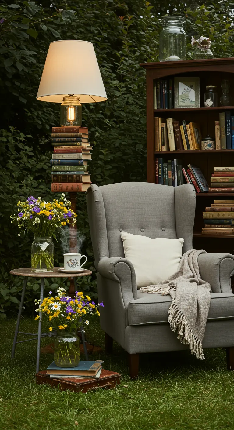 An armchair and a whimsical book-stack lamp create a cozy outdoor reading nook.