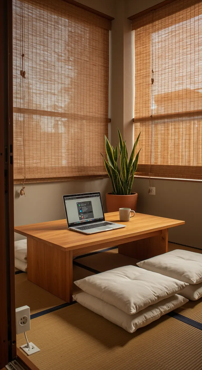 A laptop sits on a low wooden table on a balcony, set up as a comfortable workspace with floor cushions.