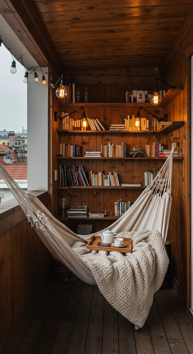 A hammock on a balcony in front of a wall of bookshelves, with a cozy blanket and tea.