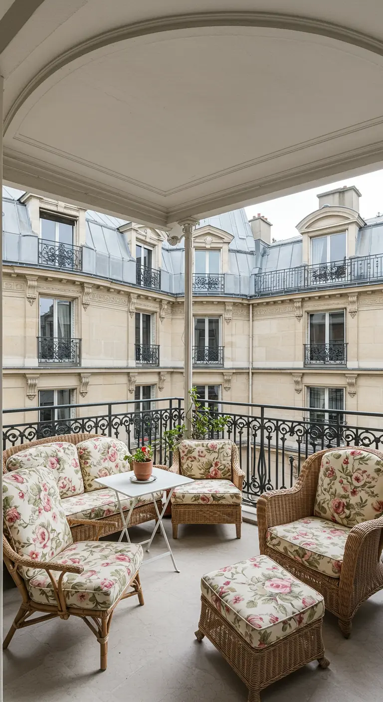 A spacious covered balcony with a set of rattan lounge chairs and an ottoman.