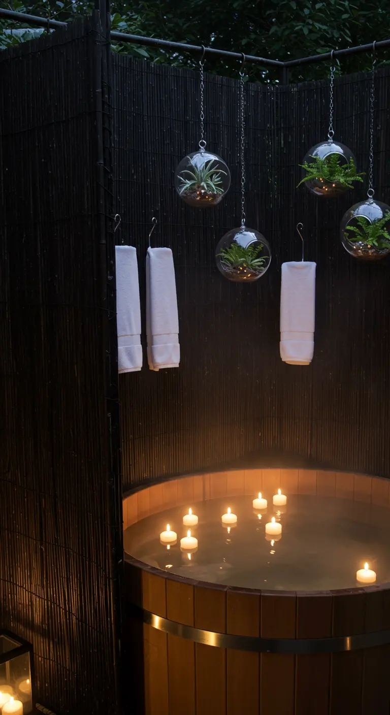 An outdoor hot tub enclosed by a dark bamboo screen with hanging towels and globes.