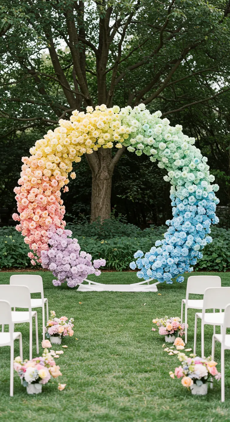 A full floral hoop arch with flowers arranged in a vibrant rainbow gradient.