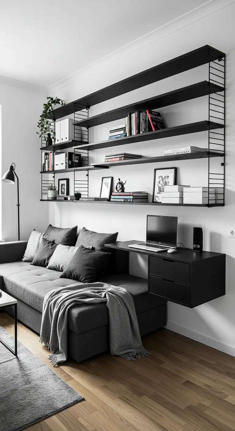 A black floating desk attached to a shelving unit, positioned directly behind a grey sectional sofa.