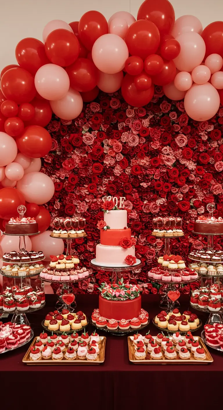 A lavish dessert table with a red rose wall and a red and pink balloon arch.