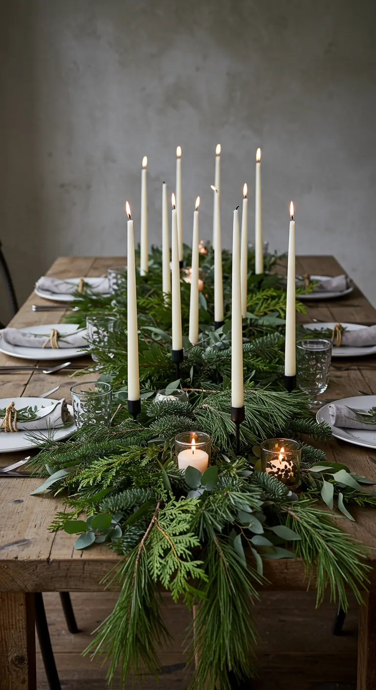 Dining table with a dense, overflowing evergreen garland and thin taper candles.