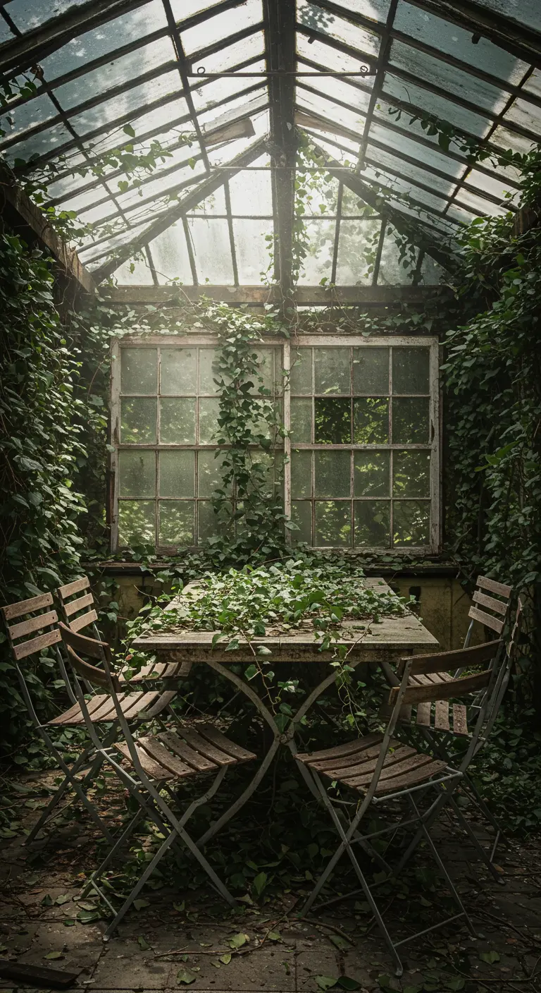 An old window and table in a rustic greenhouse are completely overgrown with lush green ivy.