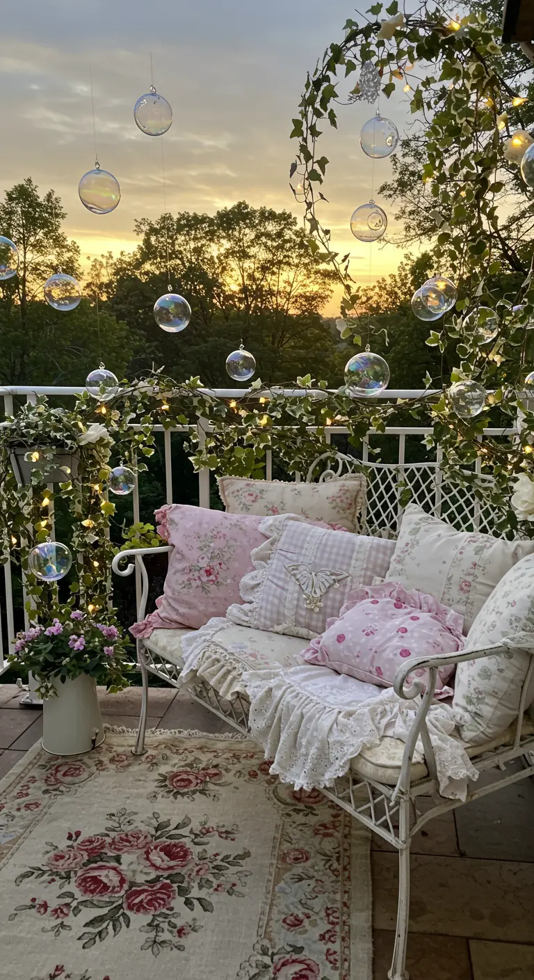 A romantic balcony with a white bench, floral pillows, climbing ivy, and hanging glass orbs.