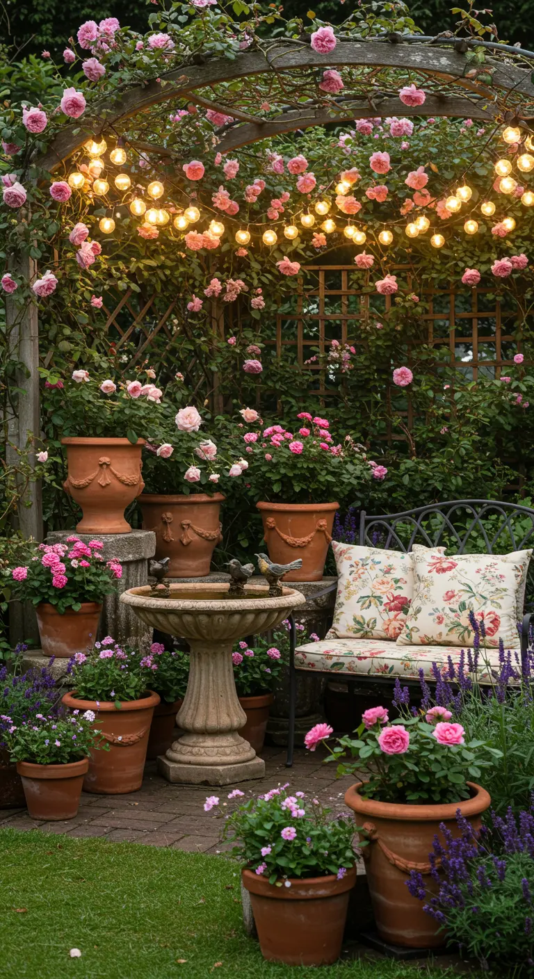 A romantic garden nook with a rose-covered arch, a birdbath, and clusters of potted flowers.