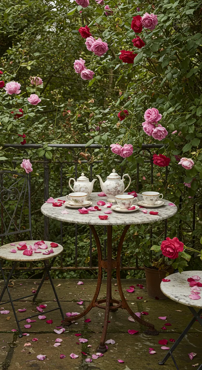 A marble bistro table set for tea amidst a lush, overgrown rose garden.