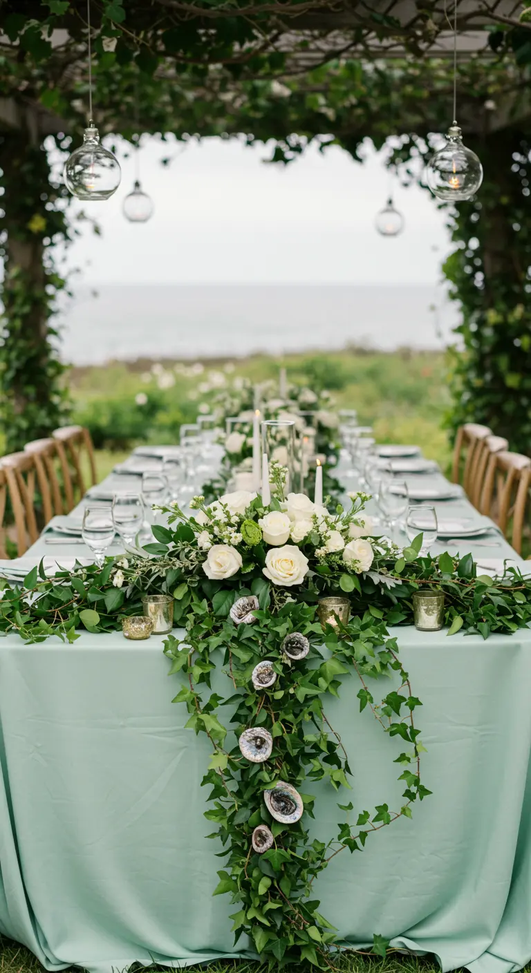 A lush runner of ivy, white roses, and iridescent shells cascading down a table.