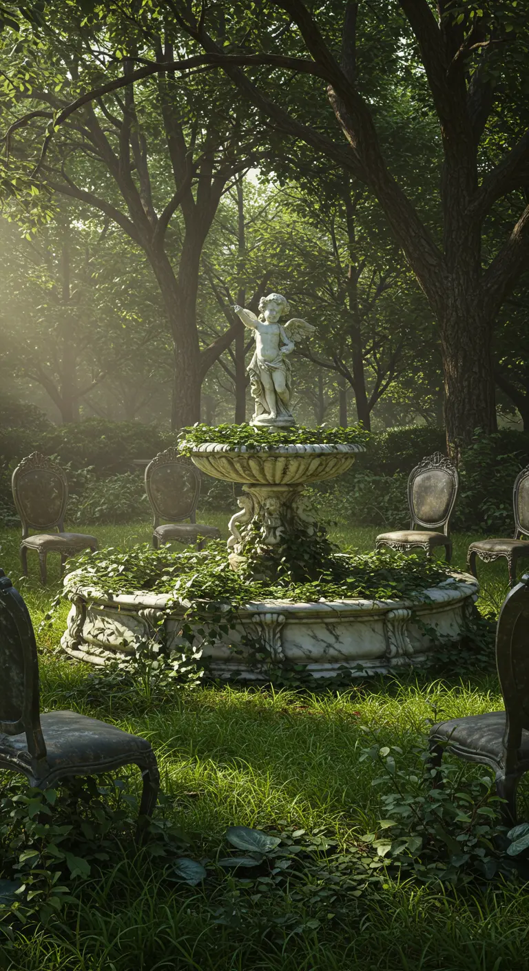 A cherub fountain in a forest clearing is overgrown with ivy, surrounded by weathered chairs.