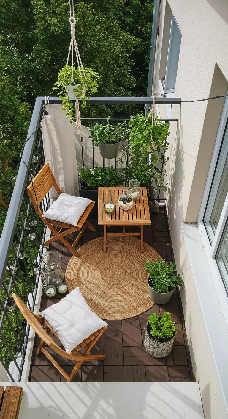 An overhead view of a small balcony with a round jute rug and teak chairs.