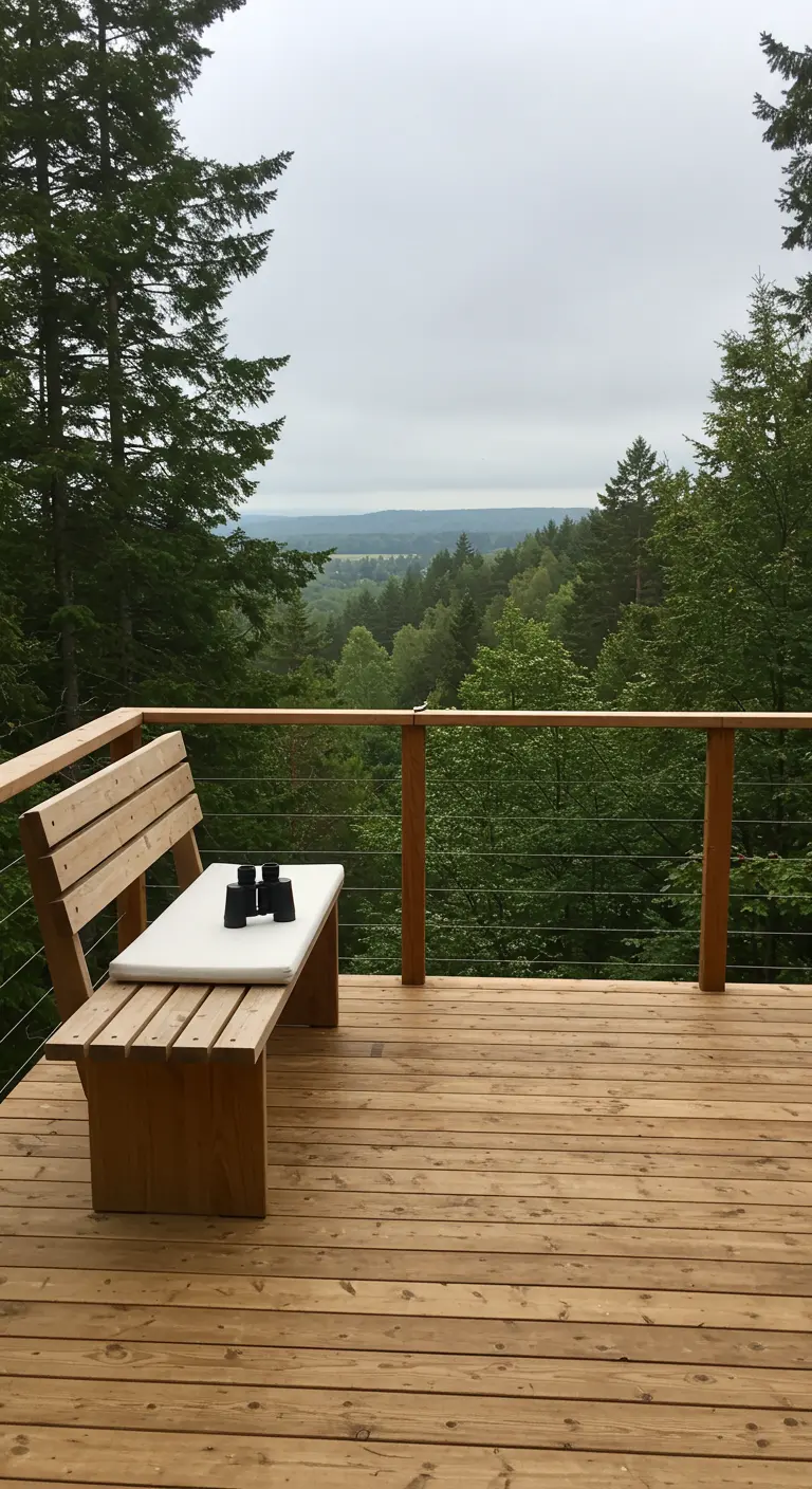 A simple wood bench on a deck overlooking a vast forested valley.