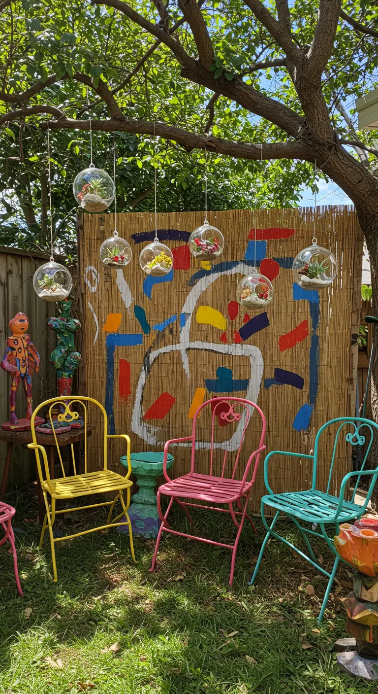 A bamboo screen painted with a colorful abstract mural, with mismatched bright chairs.