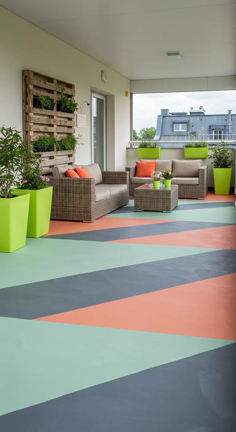 A large balcony with a geometric pattern painted directly on the floor in green, grey, and coral.