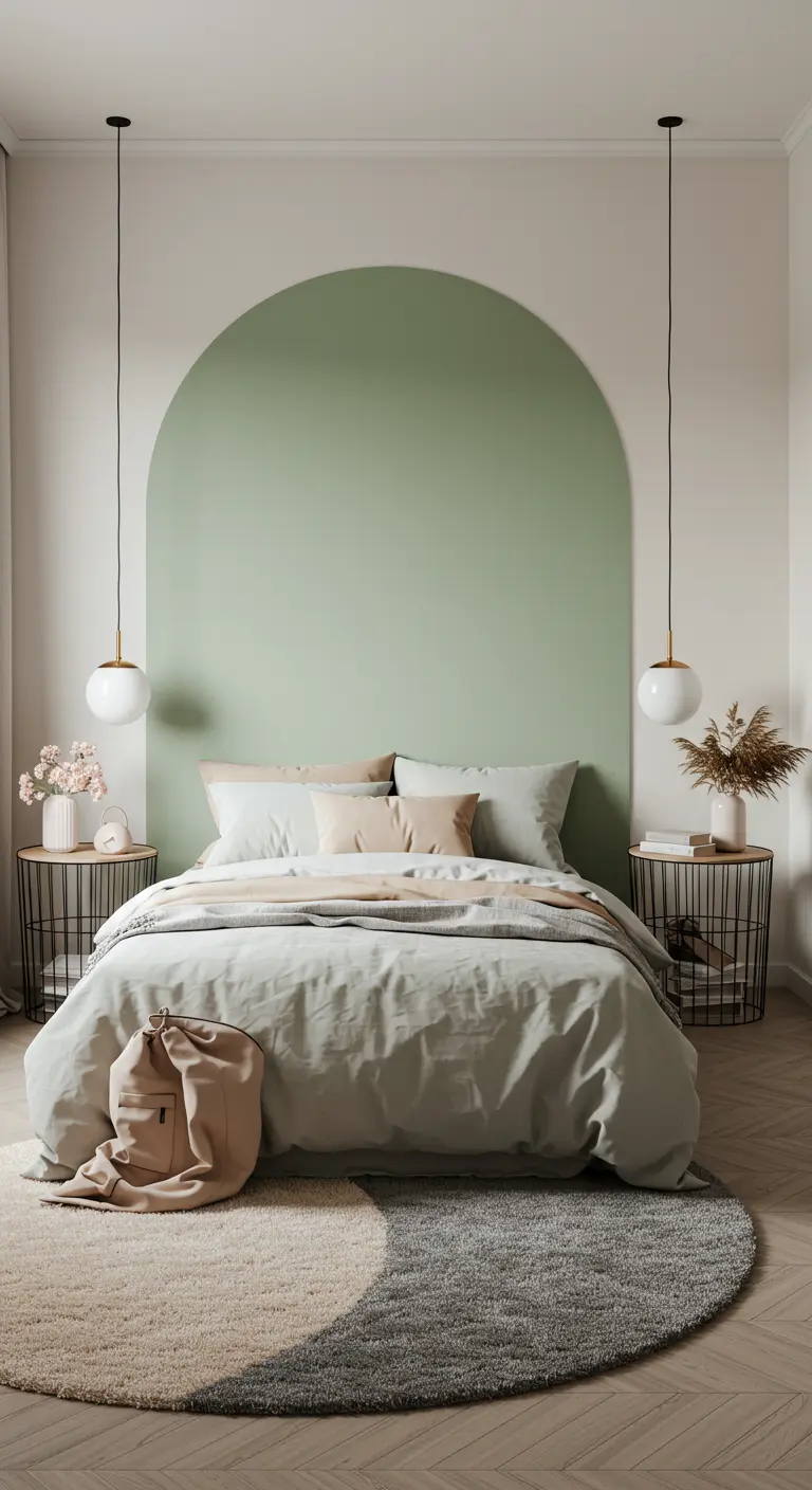 A sage green painted arch serves as a headboard in a minimalist bedroom with hanging pendant lights.