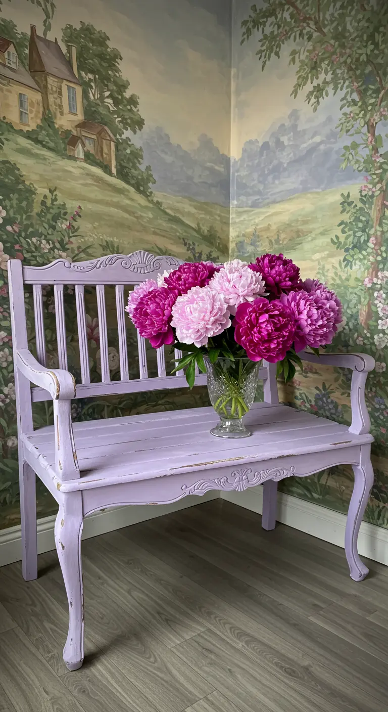 A lavender-painted bench with peonies in front of a French countryside wall mural.