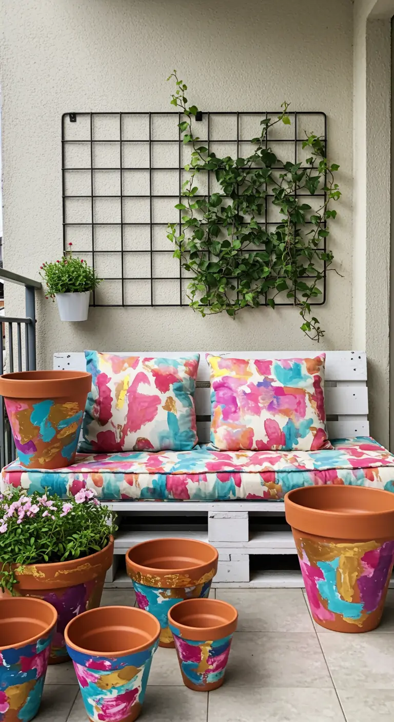 A balcony with a white pallet bench and terracotta pots painted with colorful abstract art.