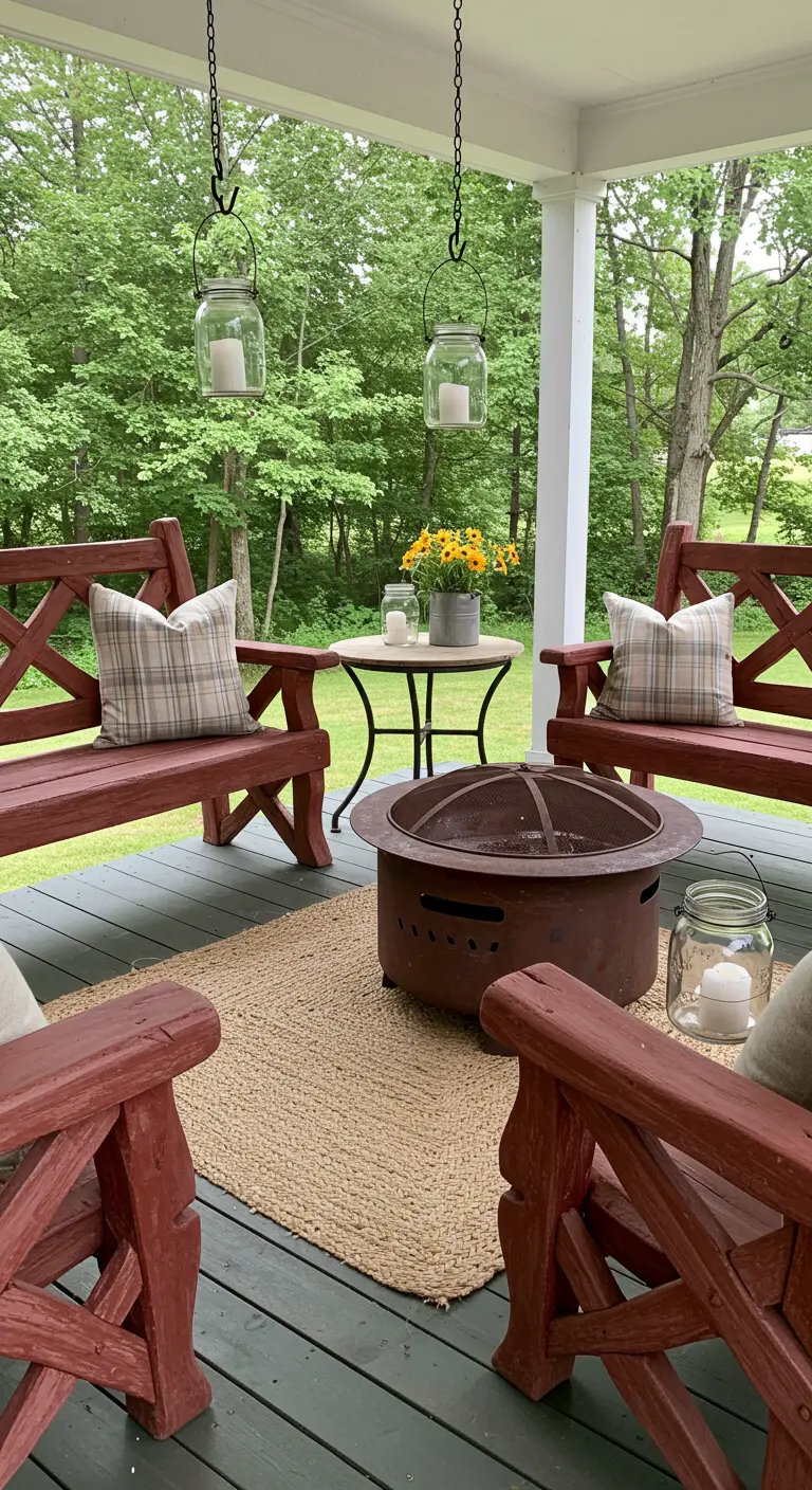 A covered porch with red painted benches, a jute rug, and a fire pit in the center.