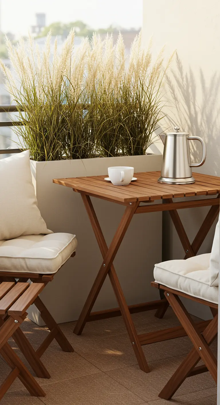 A cozy balcony with warm wood furniture, cream cushions, and a large planter of pampas grass.