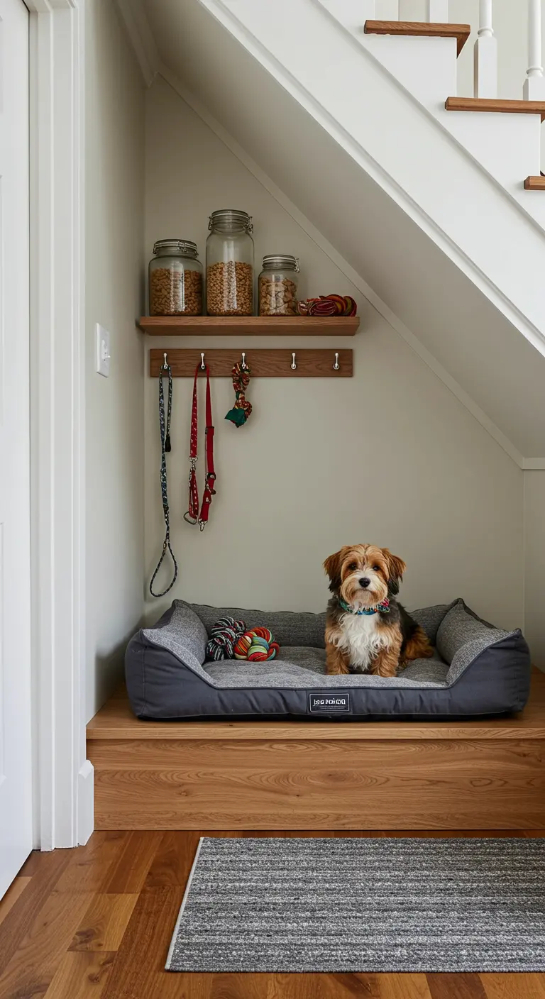 A cozy nook for a dog under the stairs, with a bed, a shelf for treats, and leash hooks.