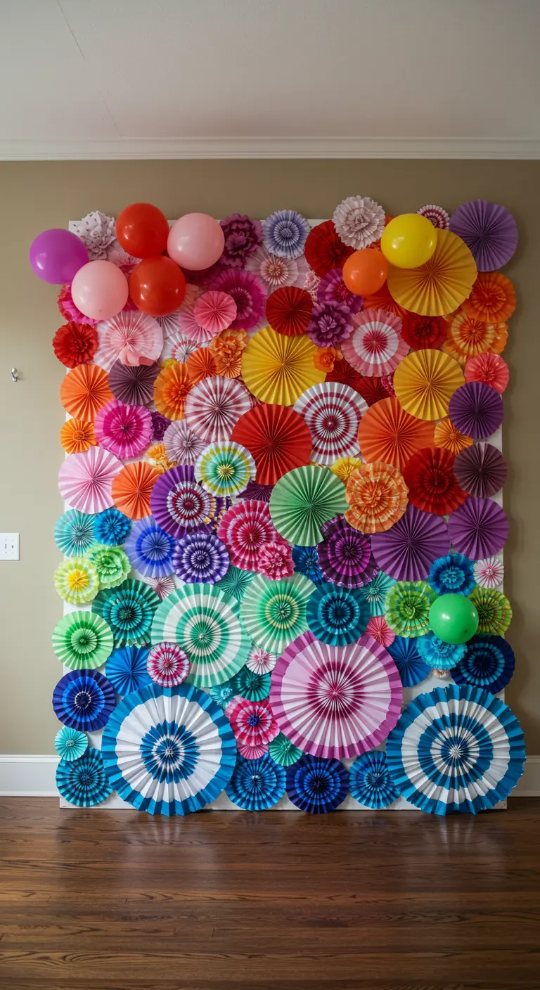 A wall covered in a dense arrangement of colorful paper fans in a rainbow gradient.