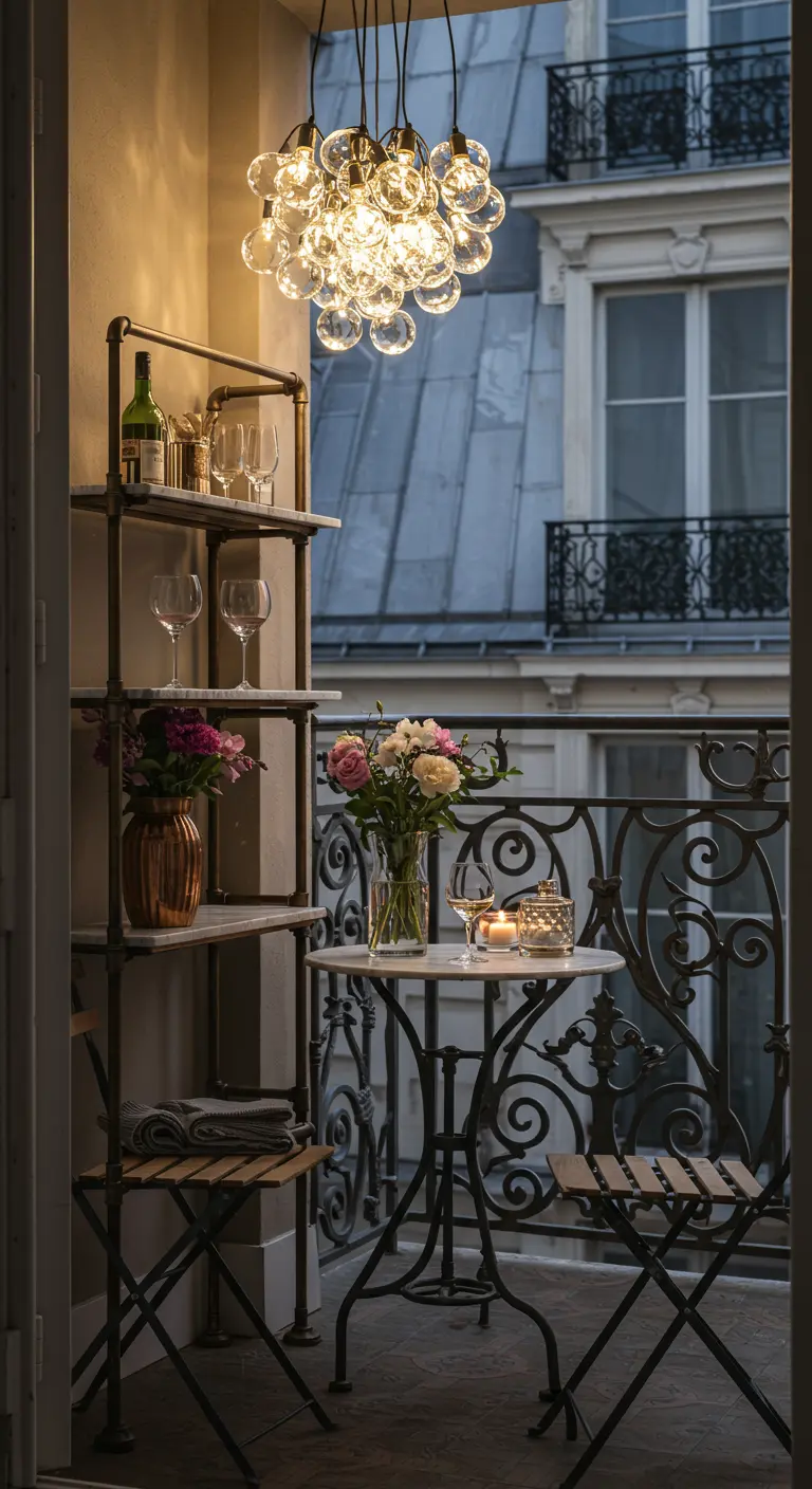 A Parisian balcony with a brass pipe and marble shelf unit, styled with wine, flowers, and a bistro set.