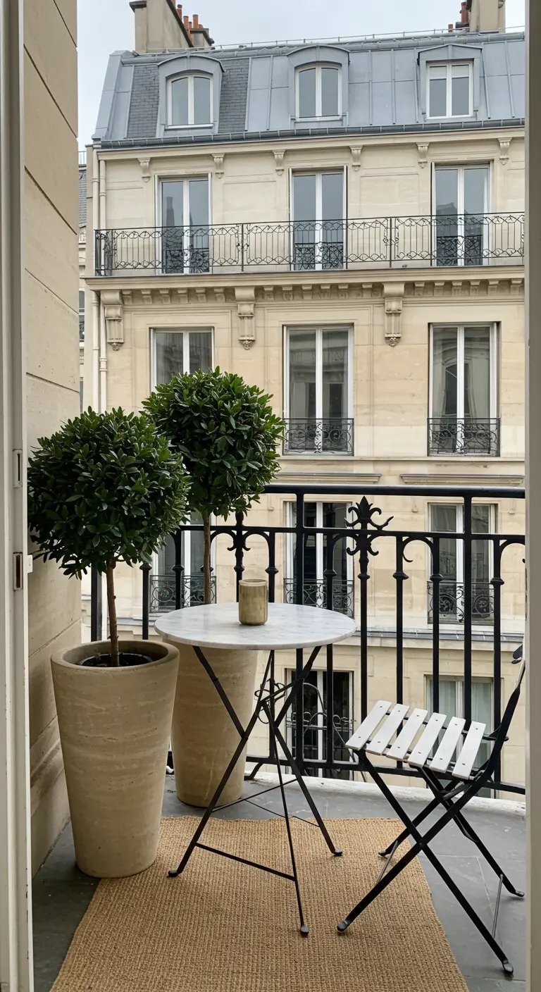 A small Parisian balcony with a bistro set and two potted topiary trees.