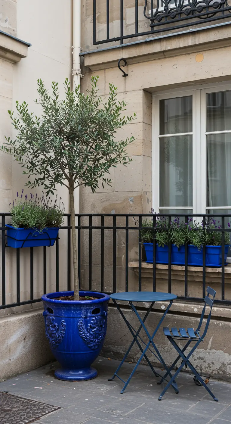 A small Parisian balcony with an ornate blue pot, bistro set, and lavender in window boxes.