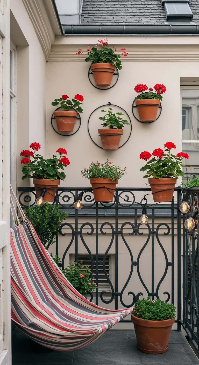 A classic Parisian-style balcony with red geraniums in terracotta pots and a striped hammock.